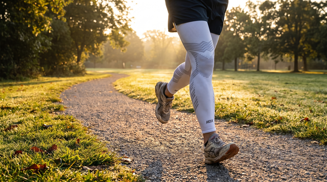 Beginnende loper joggend in het park bij zonsopgang met witte KneeMax compressiemouw