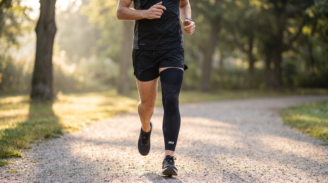 Persoon met KneeMax compressiemouw joggend buiten tijdens herstel na knieblessure