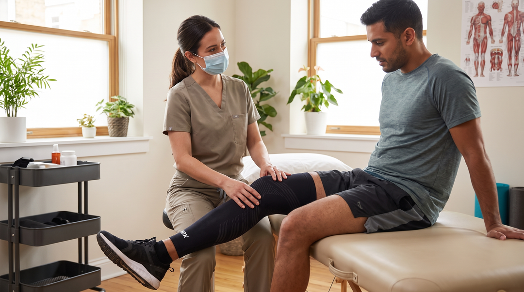Fysiotherapeut onderzoekt knie van patient met KneeMax compressiemouw