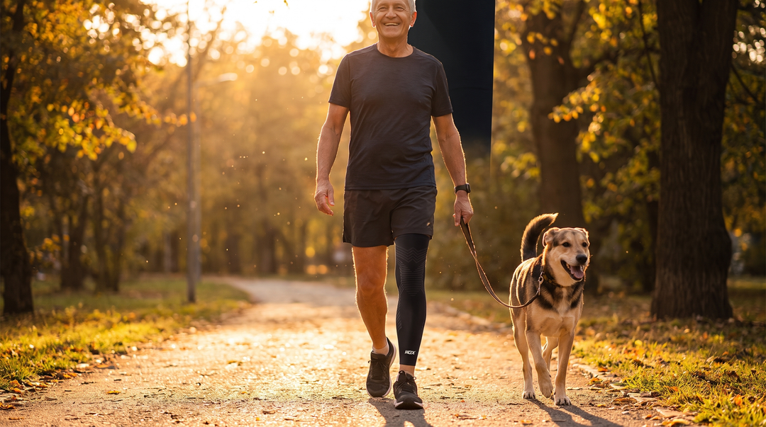 Actieve zestiger wandelt met hond in het park, draagt KneeMax compressiemouw na blessure