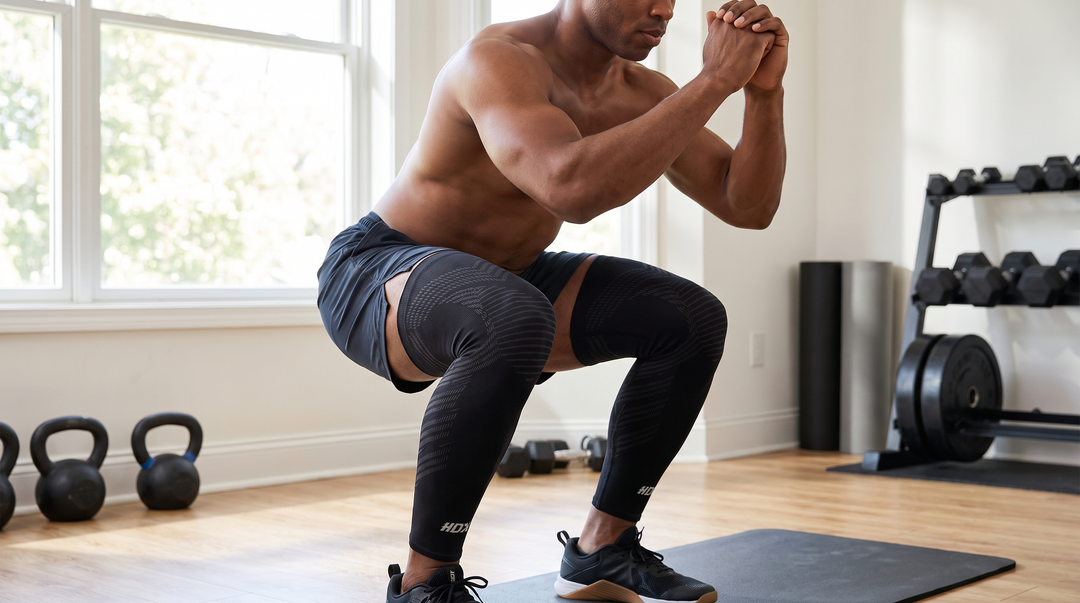 Persoon doet krachtige squat oefening met KneeMax compressiemouw, sterke beenspieren blijven actief