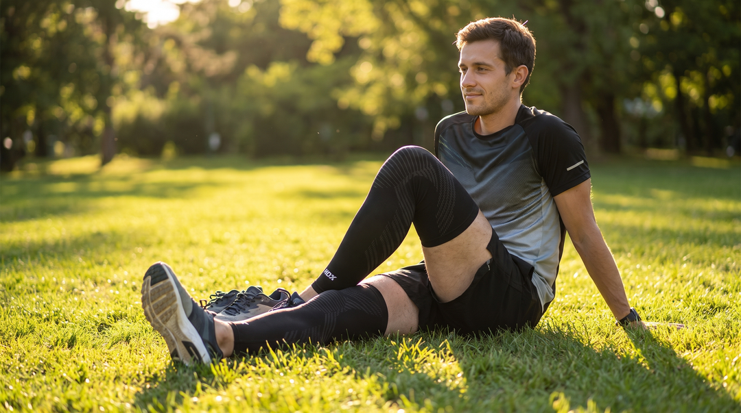 Hardloper rekt en herstelt op het gras na training met KneeMax compressiemouw