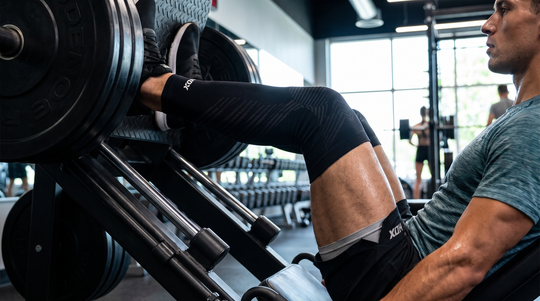 Sporter traint benen met leg press in de gym, met zwarte KneeMax compressiemouw zichtbaar