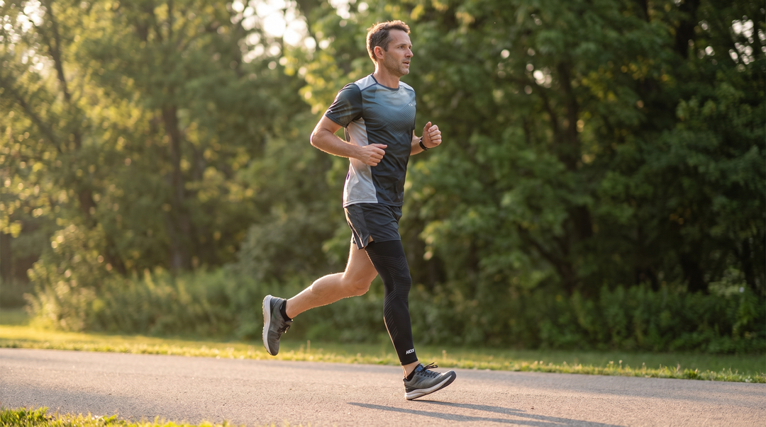 Hardloper met KneeMax compressiemouw joggend in het park