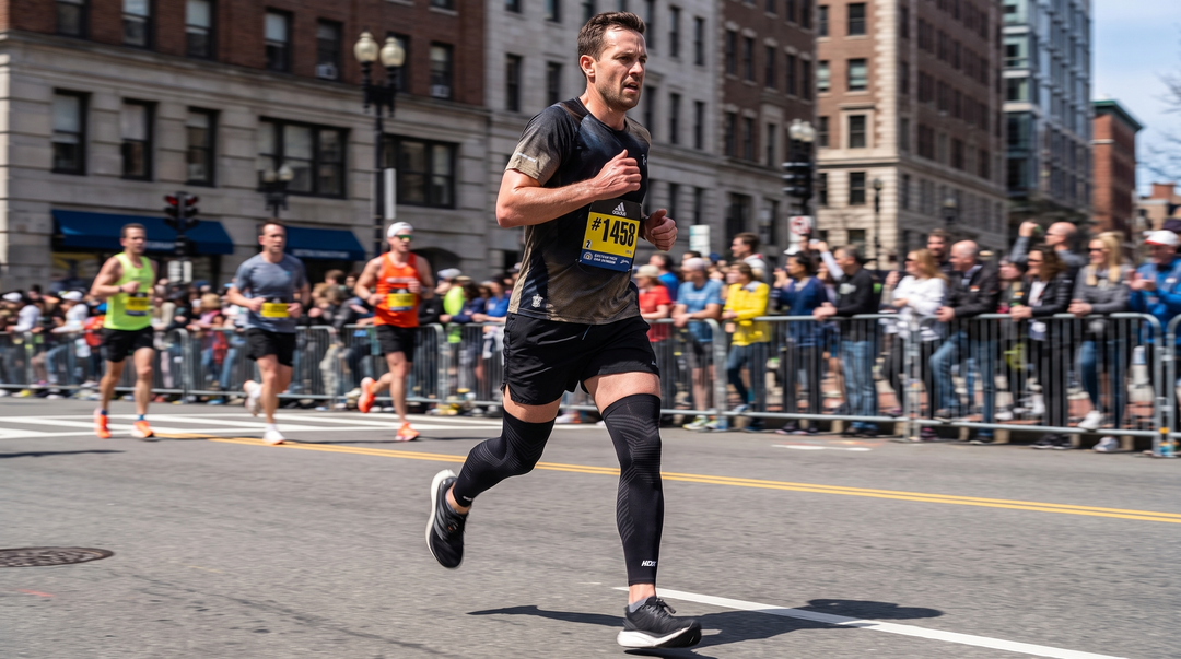 Marathonloper in actie tijdens een wedstrijd met zwarte KneeMax compressiemouw