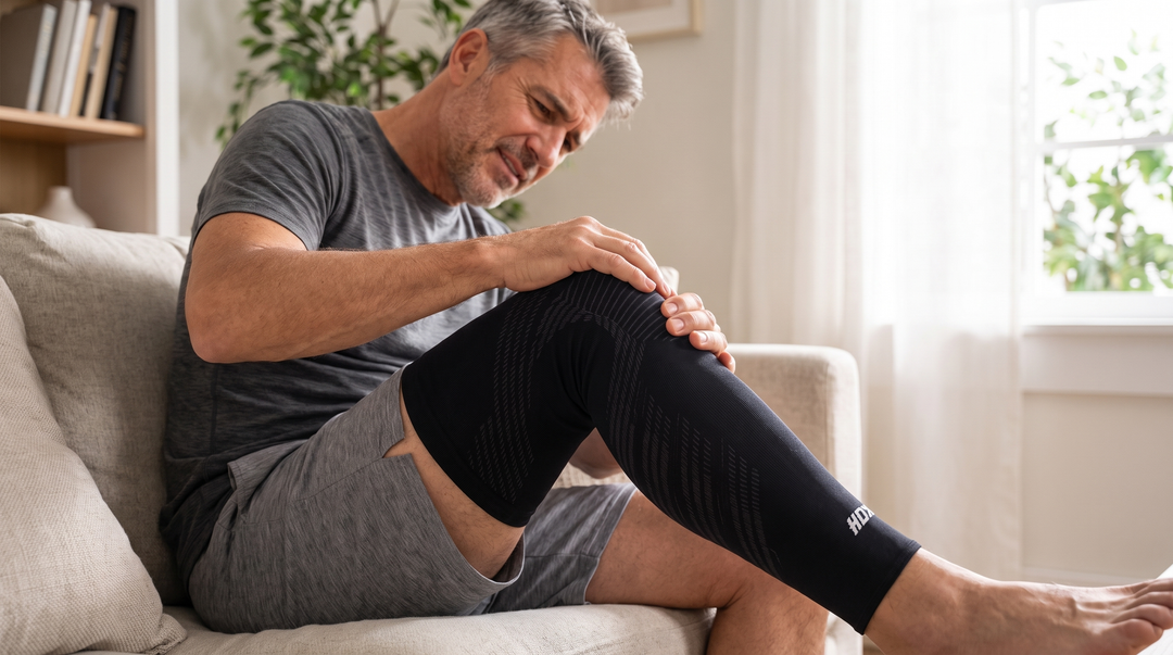 Man met KneeMax compressiemouw houdt zijn knie vast vanwege pijn bij buigen