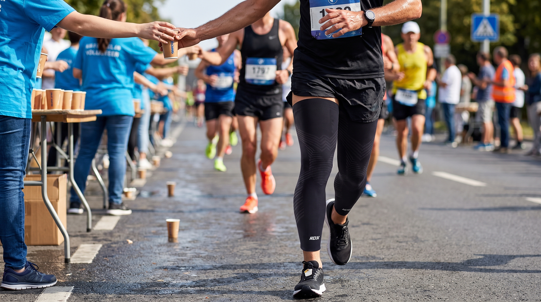 Marathonloper pakt een bekertje water bij een verzorgingspost, met KneeMax compressiemouw