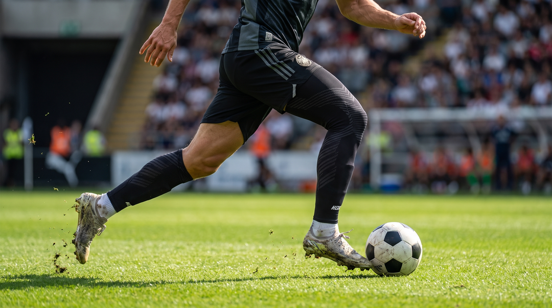 Voetballer sprint met bal op het veld, met zwarte KneeMax compressiemouw zichtbaar