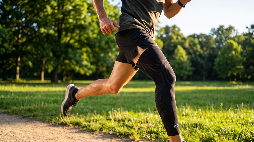 Hardloper traint in het park met zwarte KneeMax compressiemouw