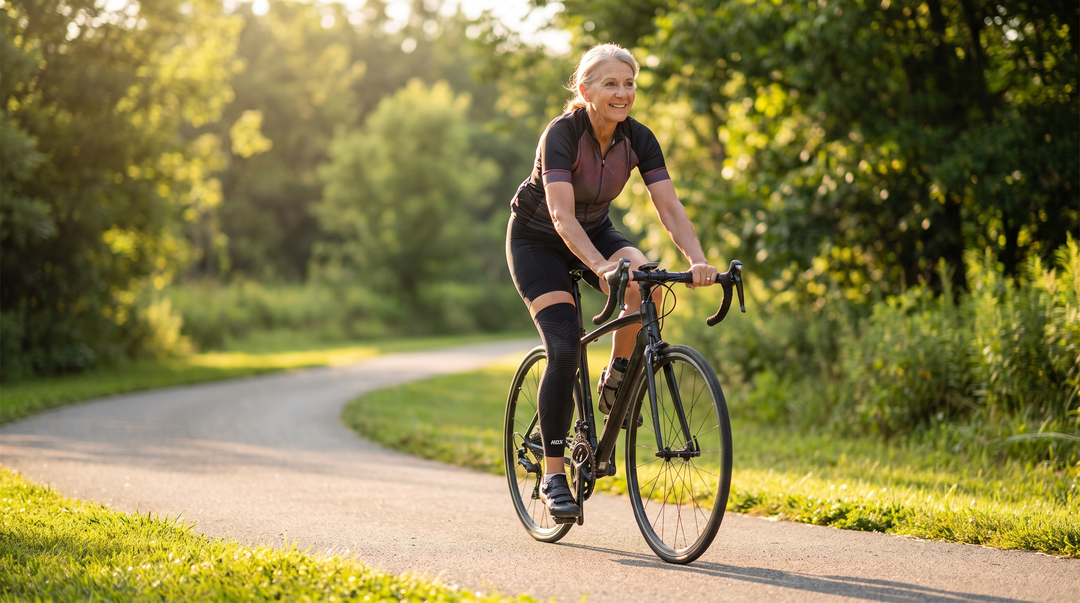 Actieve vrouw van in de 60 fietst buiten met een KneeMax kniemouw
