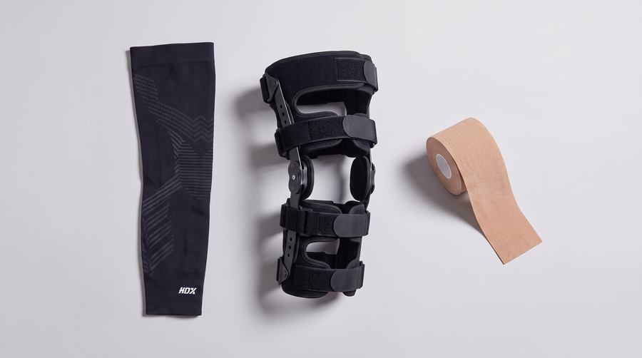 Vergelijking van compressiemouw, kniebrace en kinesiotape naast elkaar